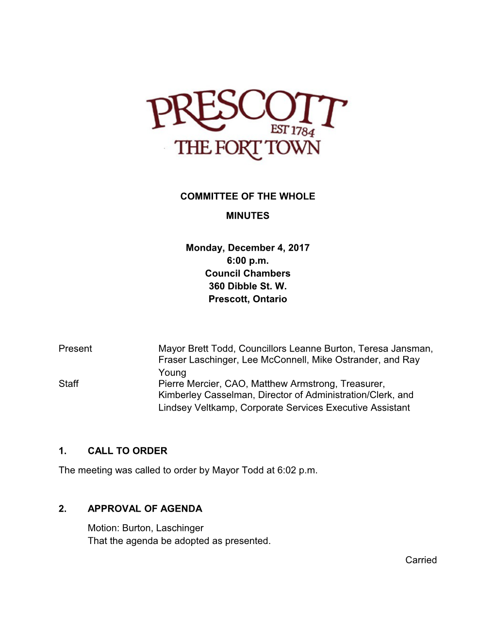 The Meeting Was Called to Order by Mayor Todd at 6:02 P.M