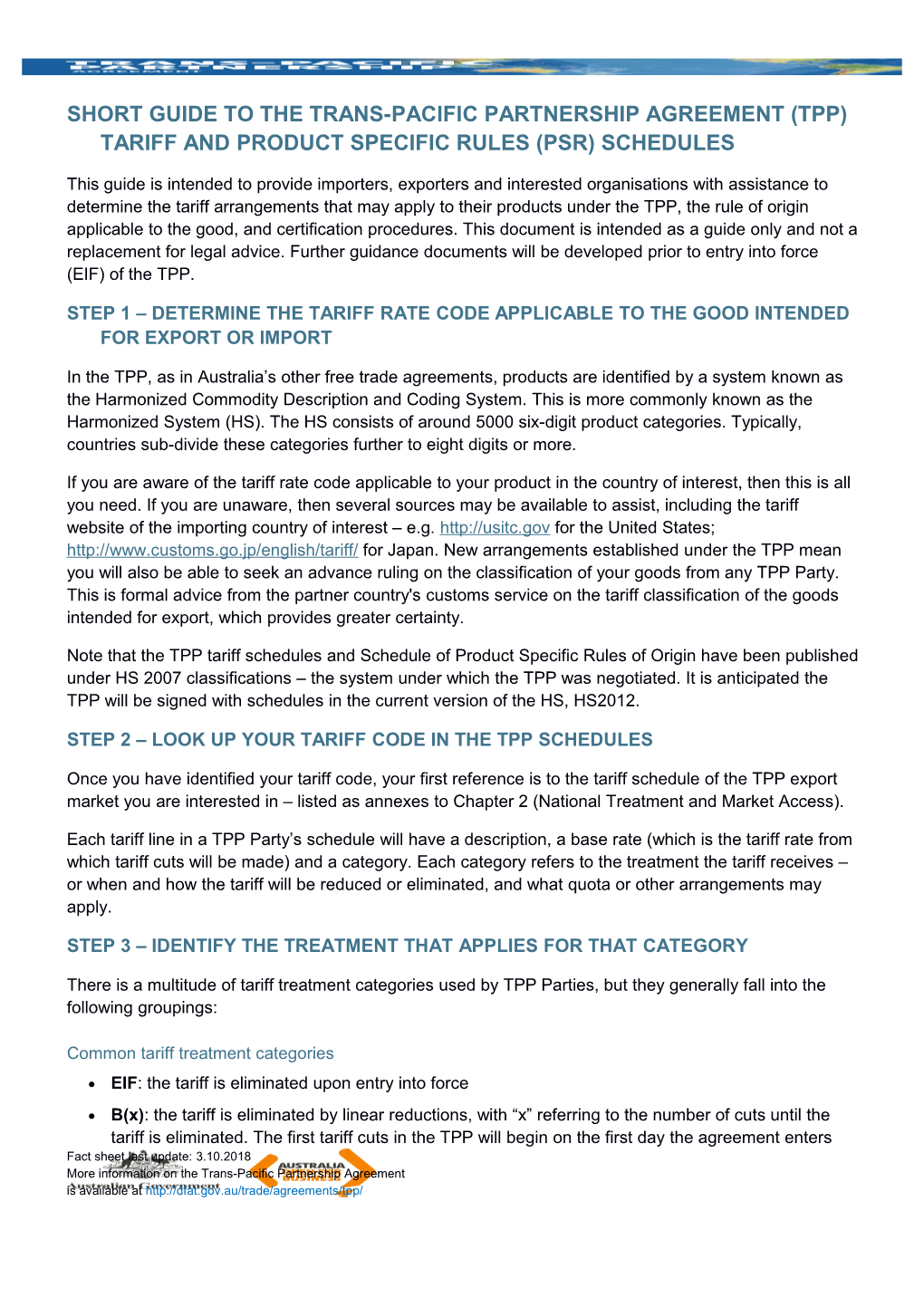 Short Guide to the Trans-Pacific Partnership Agreement (TPP) Tariff and Product Specific