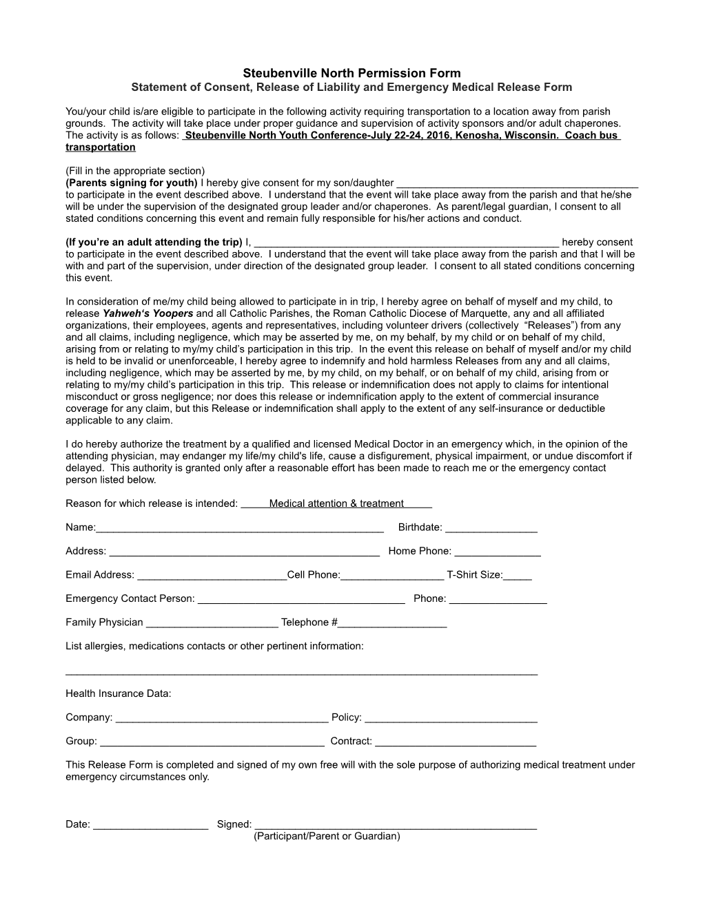 Steubenville North Permission Form