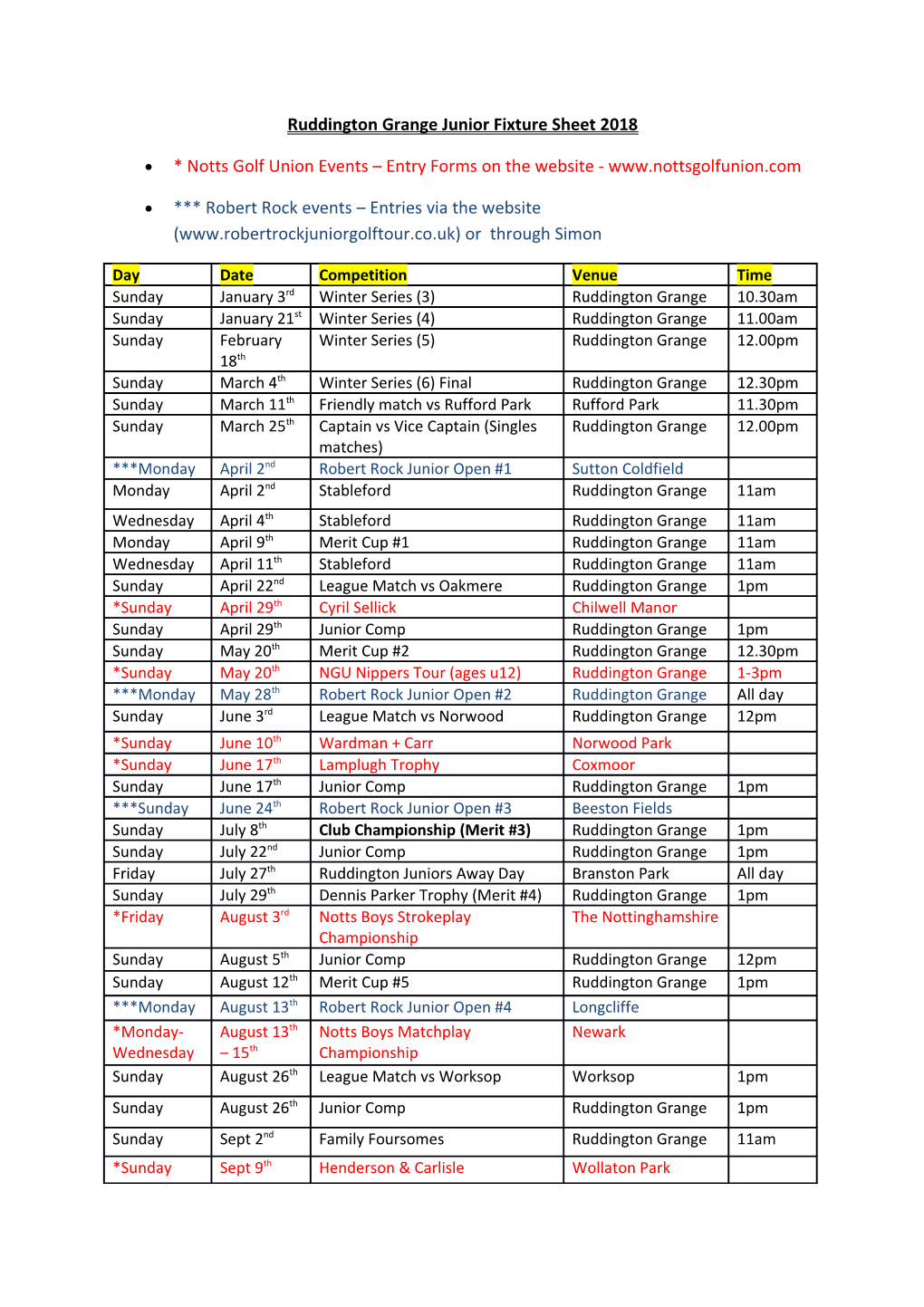 Ruddington Grange Junior Fixture Sheet 2018