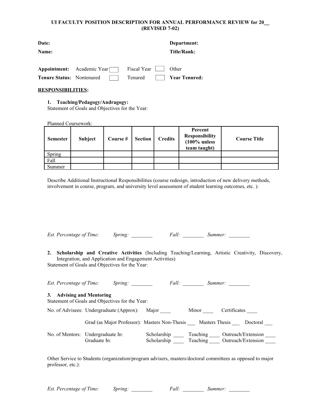 UI FACULTY POSITION DESCRIPTION for ANNUAL PERFORMANCE REVIEW for 20__