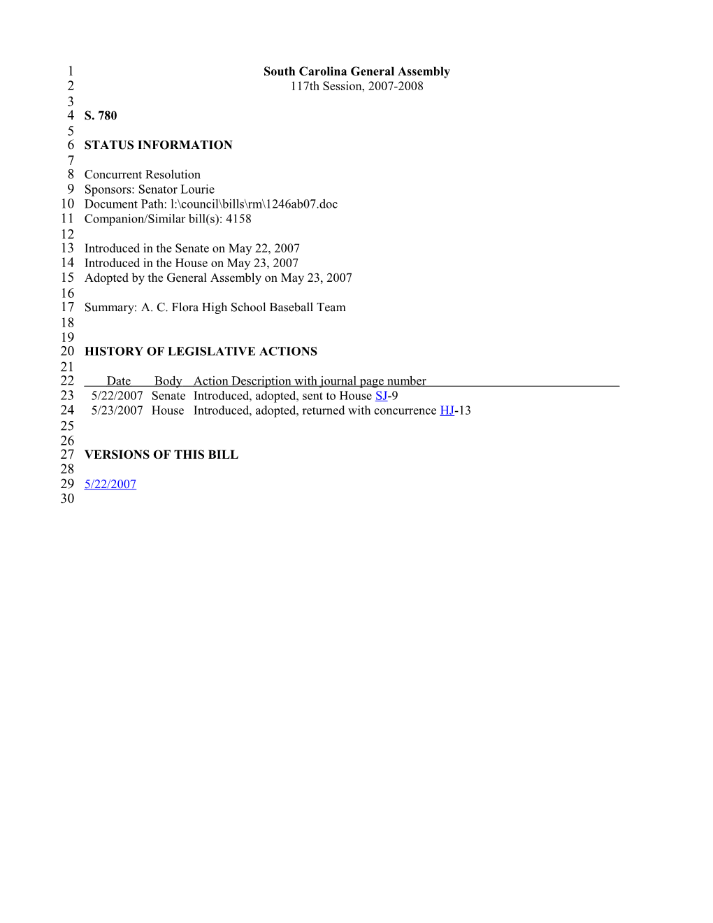 2007-2008 Bill 780: A. C. Flora High School Baseball Team - South Carolina Legislature Online
