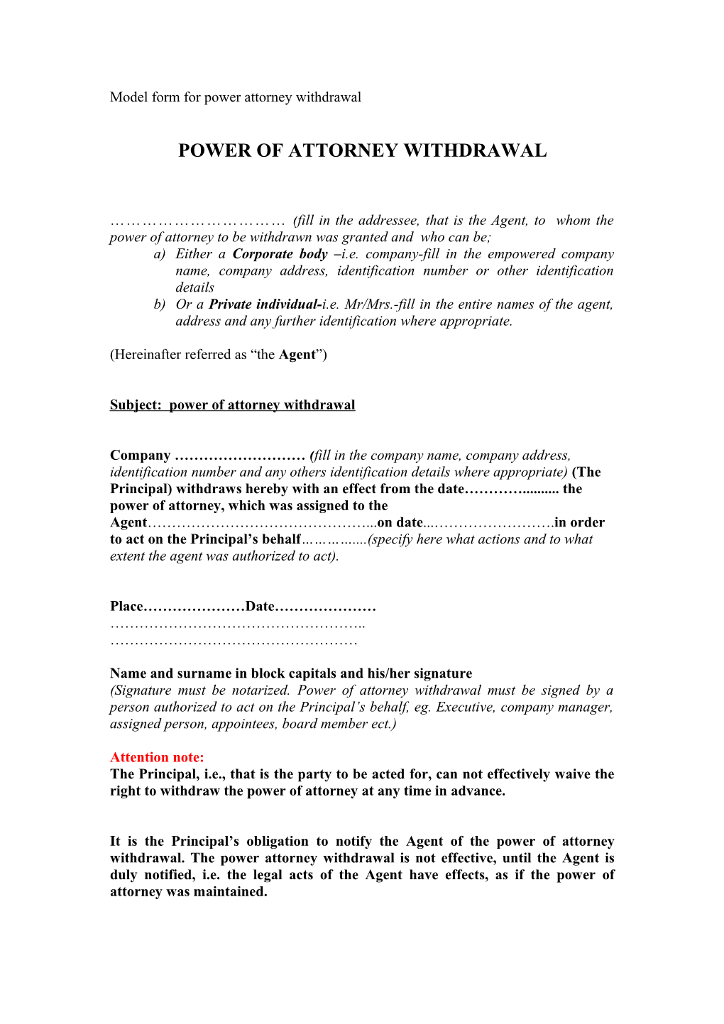 Model of Withdrawing Power of Attorney