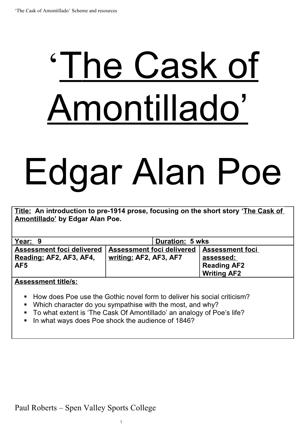The Cask of Amontillado Scheme and Resources