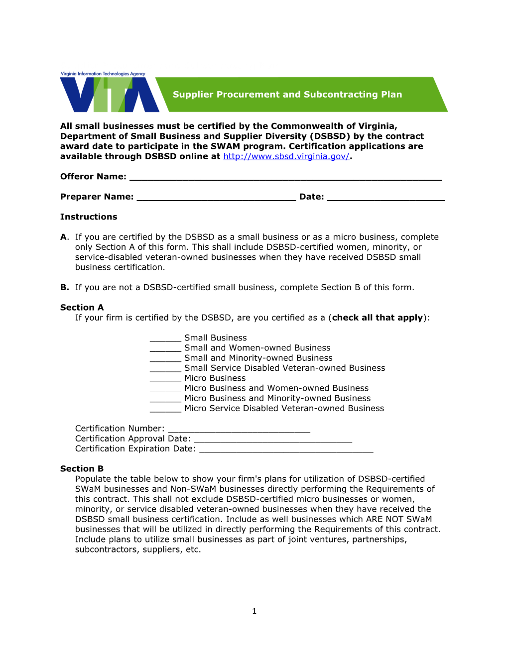 Supplier Procurement and Subcontracting Plan