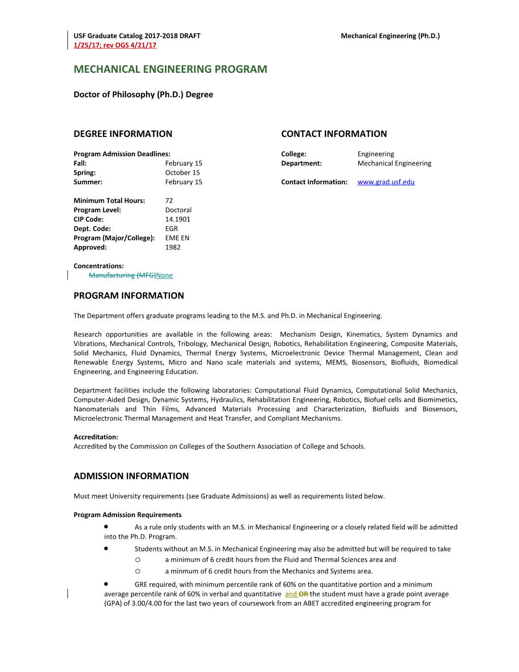 USF Graduate Catalog 2017-2018 Draftmechanical Engineering (Ph.D.)