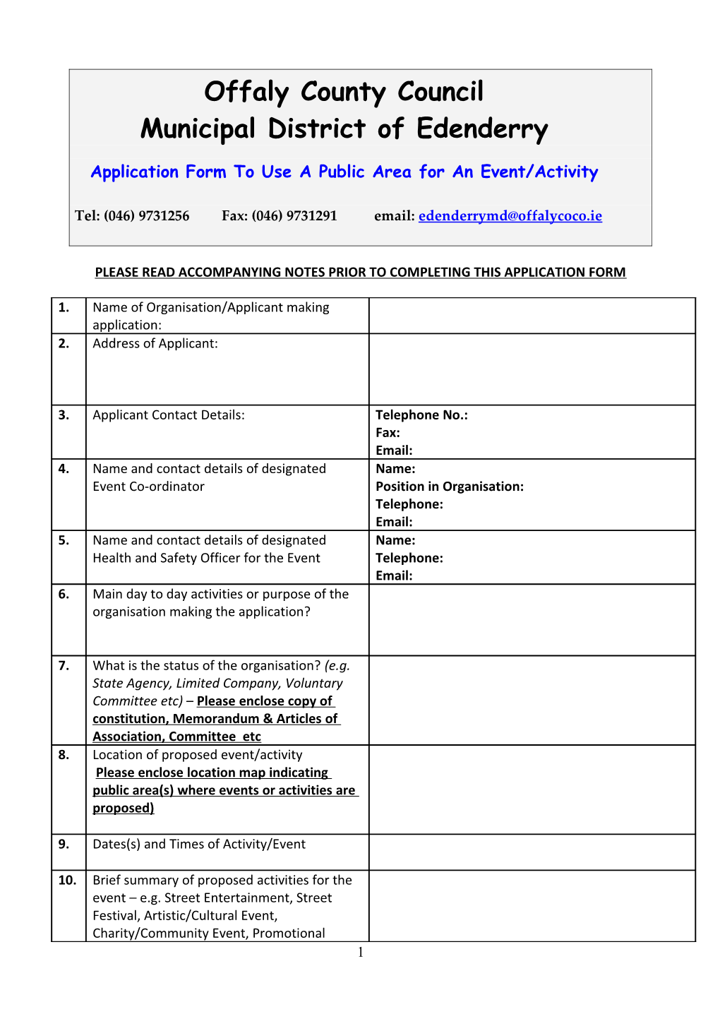 Application Form to Use a Public Area for an Event/Activity