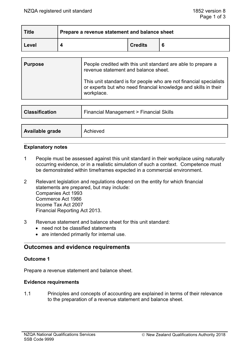 1852 Prepare a Revenue Statement and Balance Sheet