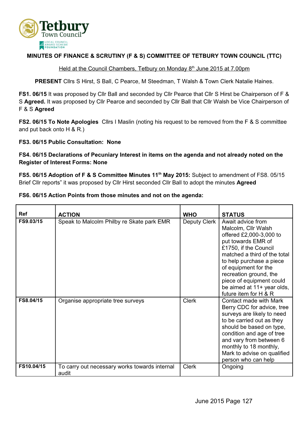 Minutes of Finance & Scrutiny (F & S) Committee of Tetbury Town Council (Ttc) s1