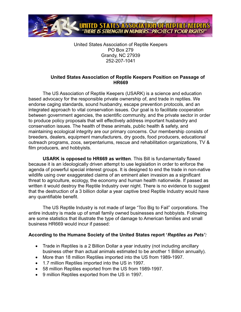 United States Association of Reptile Keepers Position on Passage of HR669