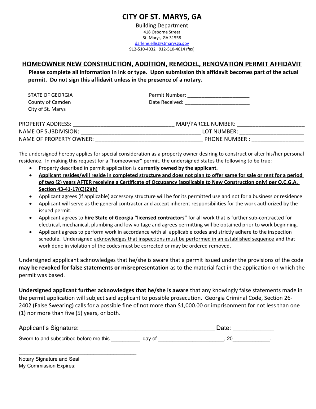 Homeowner New Construction, Addition, Remodel,Renovation Permit Affidavit