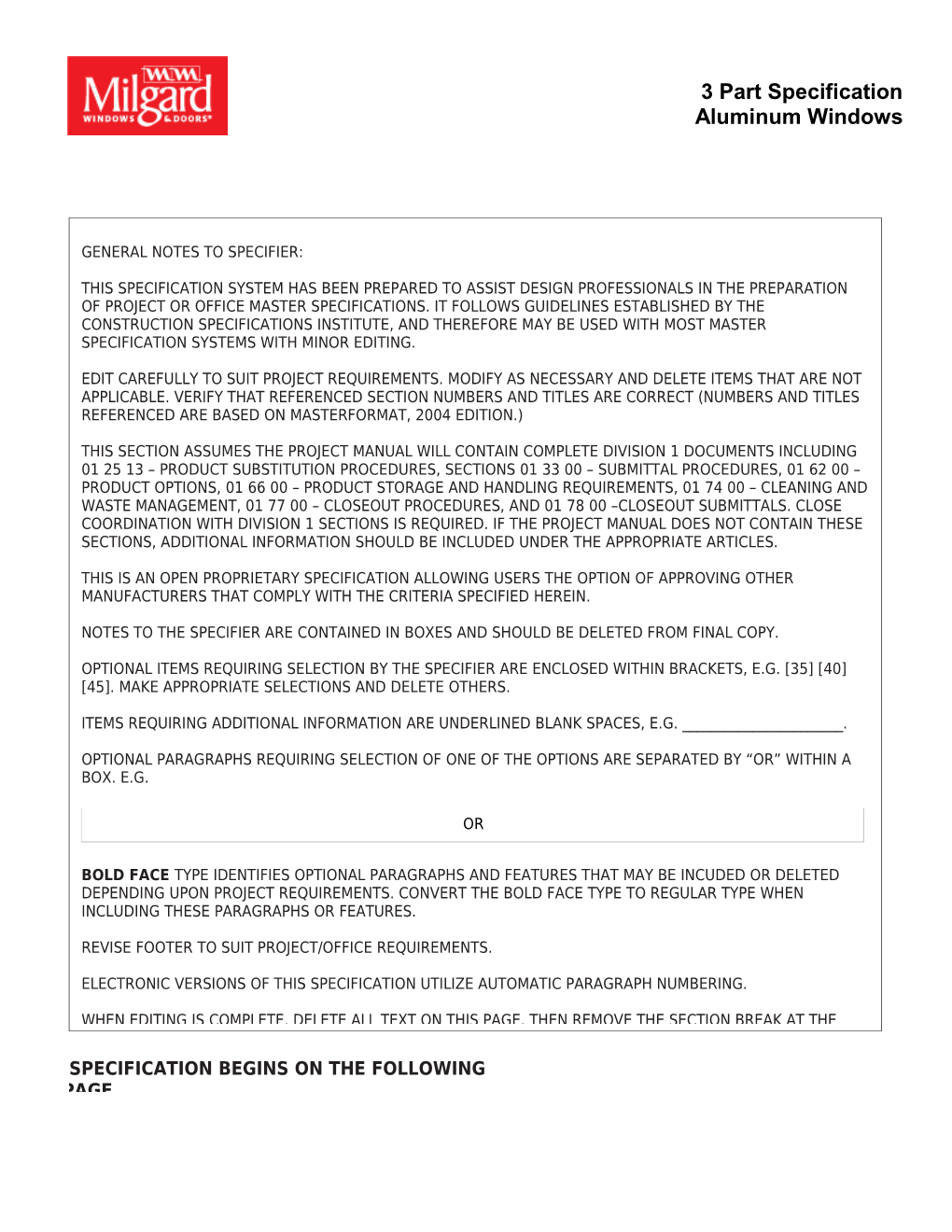 Milgard Windows3 Part Window Specification Aluminum Windows Page 1 of 12