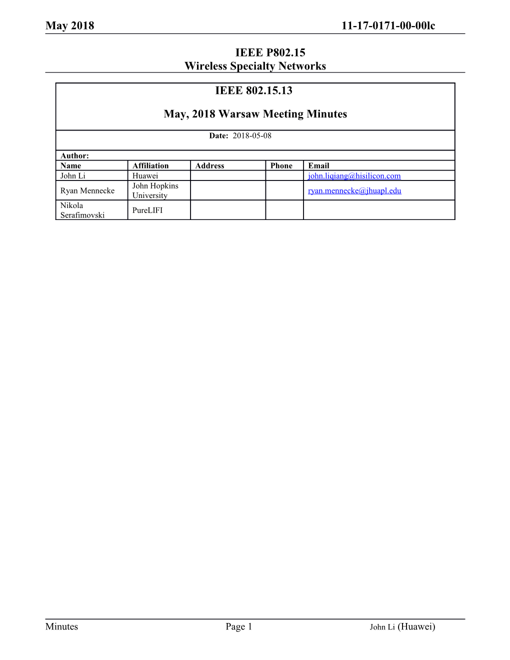 IEEE P802.15 Wireless Specialty Networks