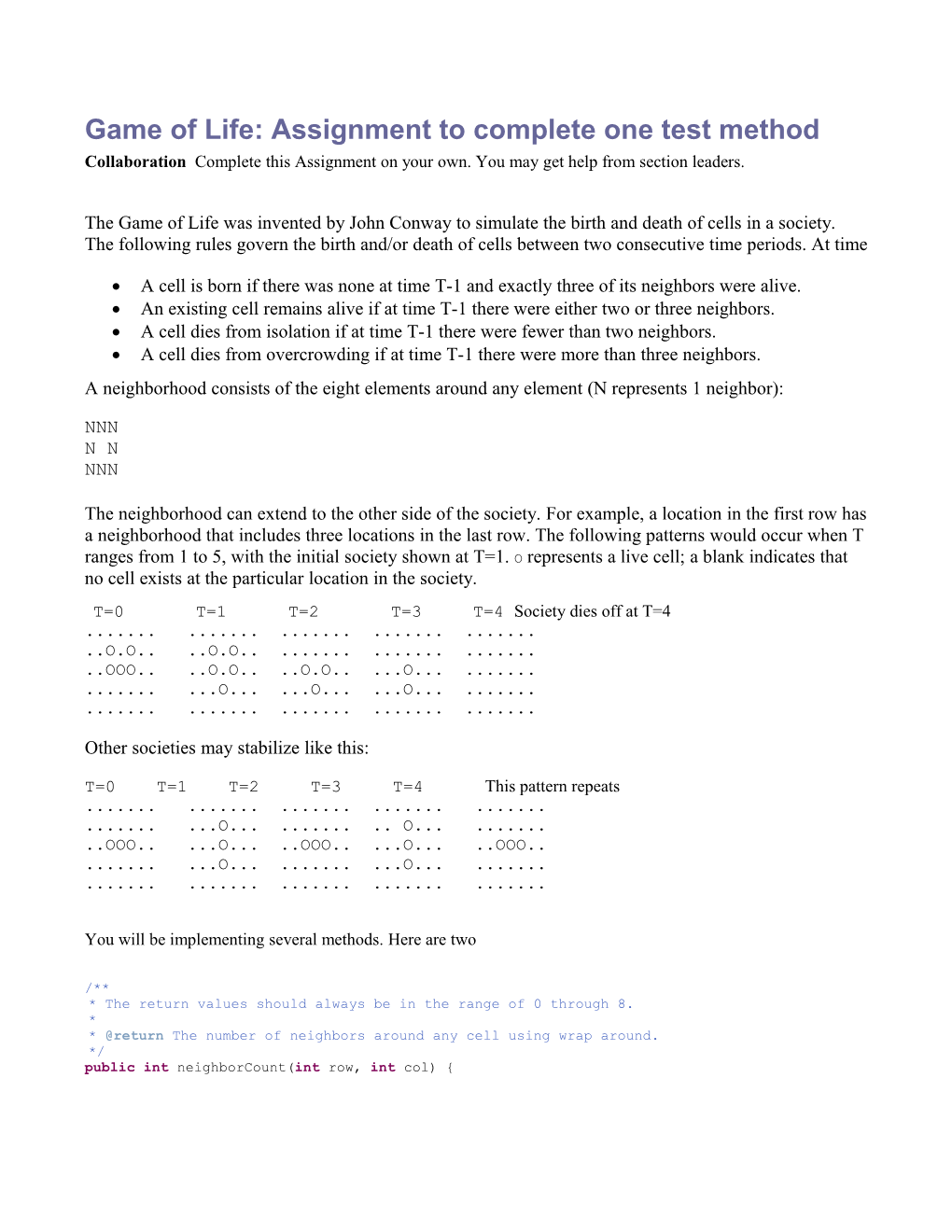 Game of Life: Assignment to Complete One Test Method