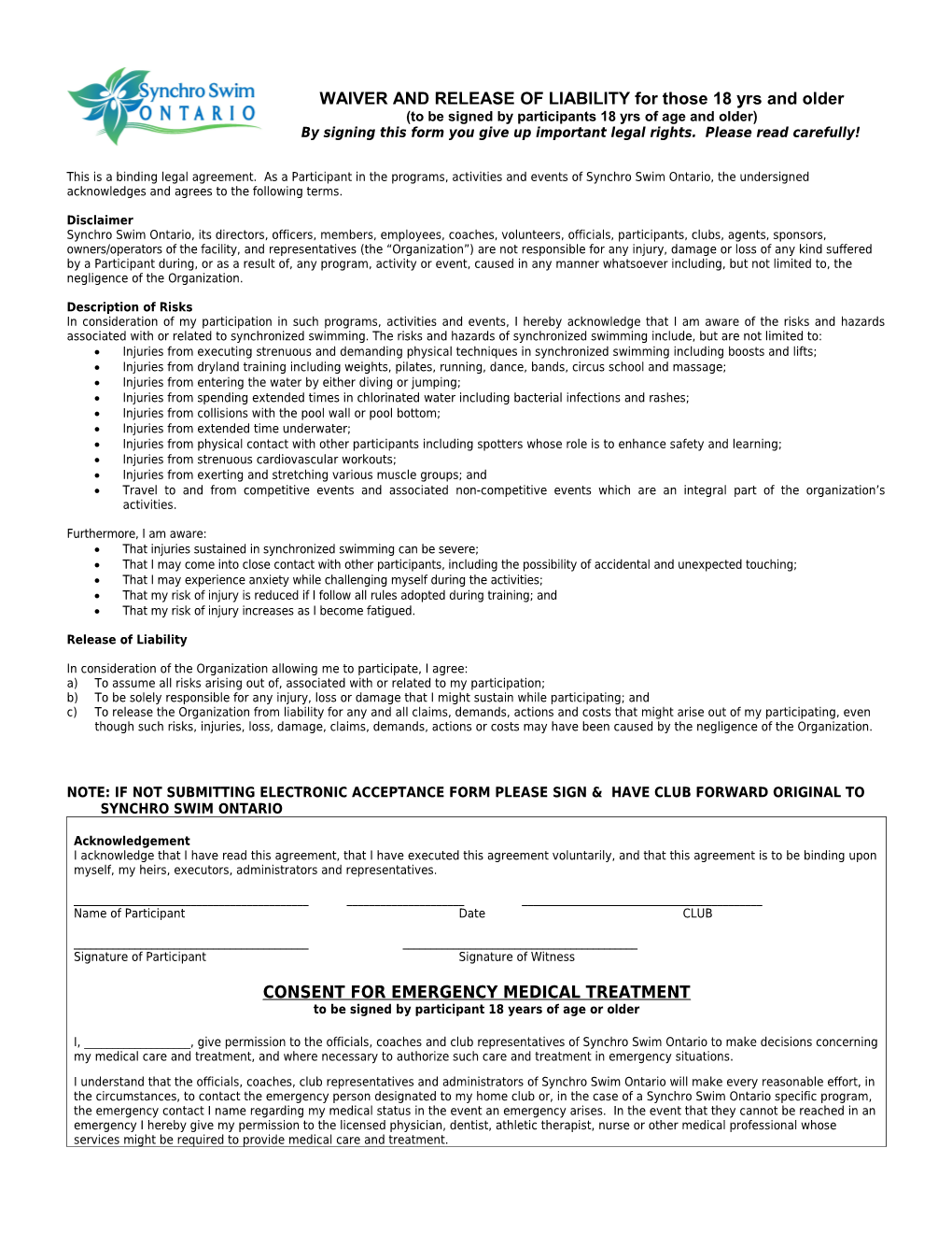 WAIVER and RELEASE of LIABILITY for Those 18 Yrs and Older