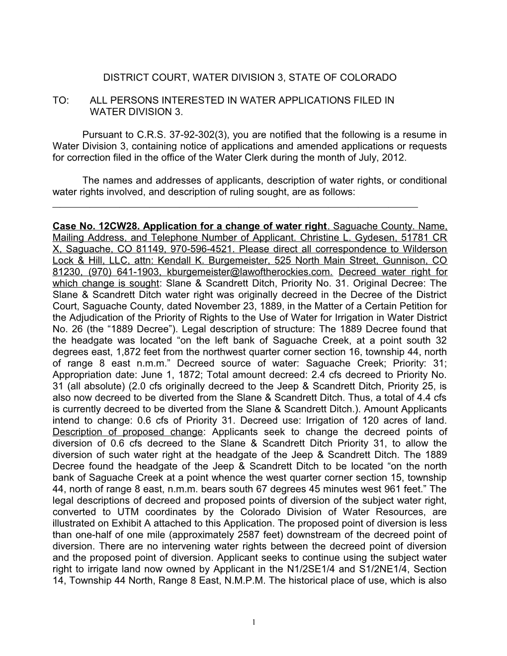 District Court, Water Division 3, State of Colorado s1