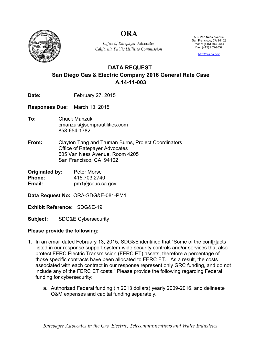 San Diego Gas & Electric Company 2016 General Rate Case