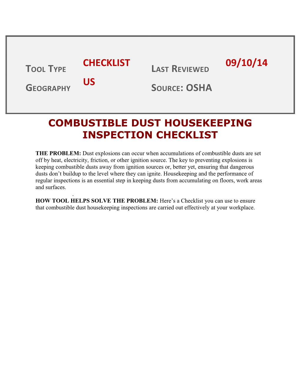Combustible Dust Housekeeping Inspection Checklist