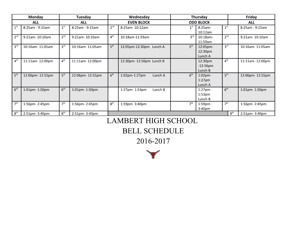 Lambert High School Bell Schedule 2016-2017 s1