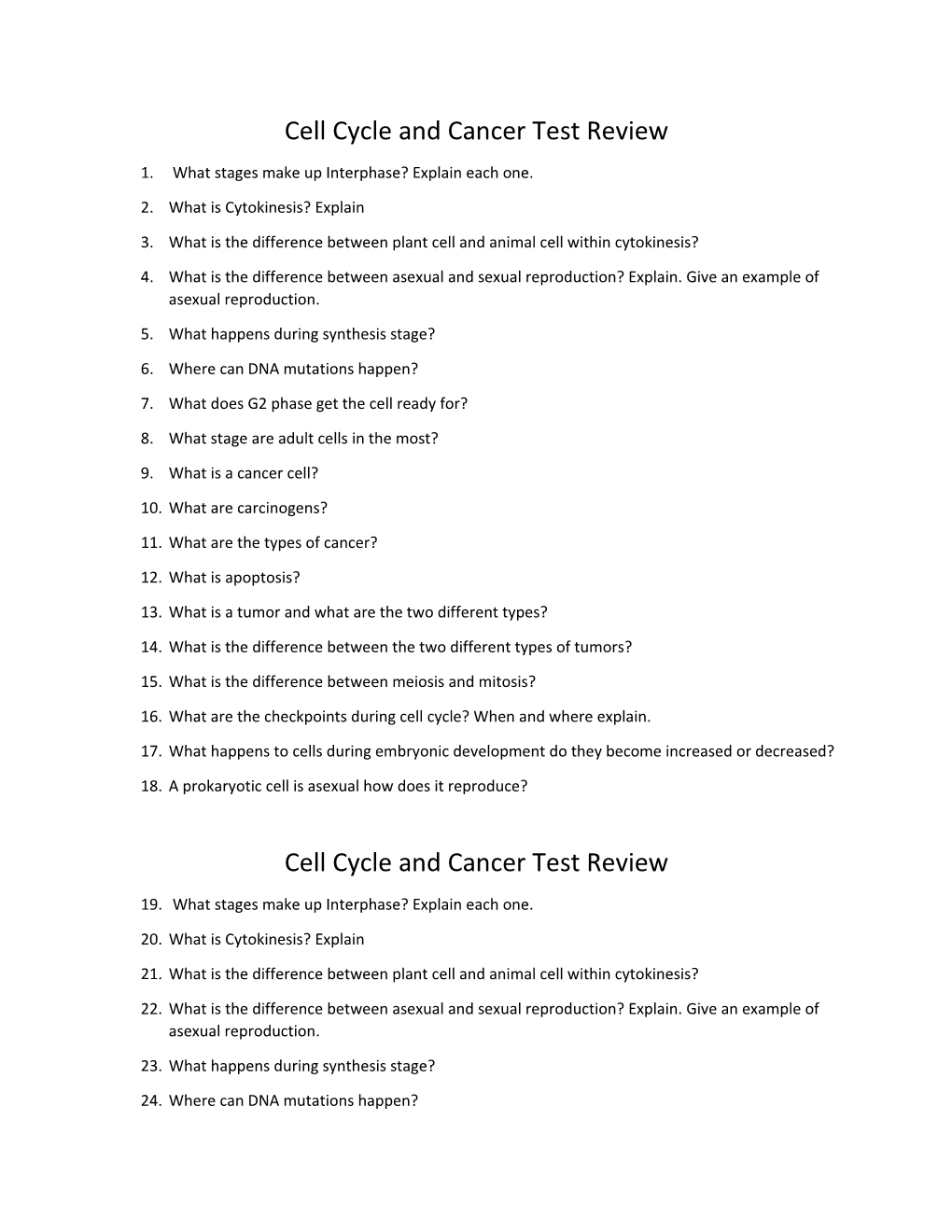 Cell Cycle and Cancer Test Review
