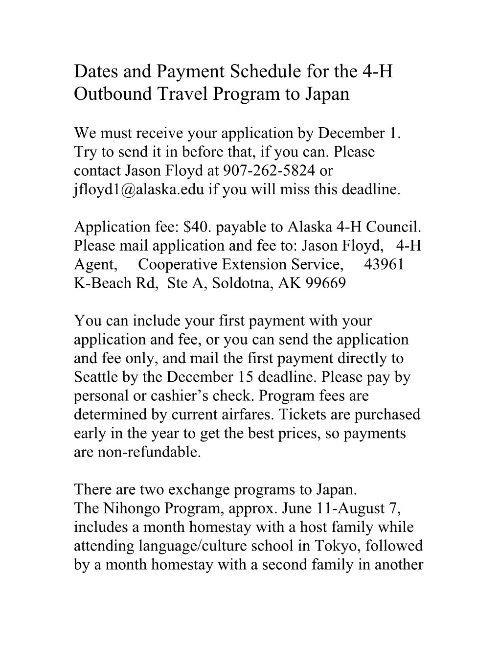 Payment Schedule for 2013 4-H Outbound Travel Program to Japan