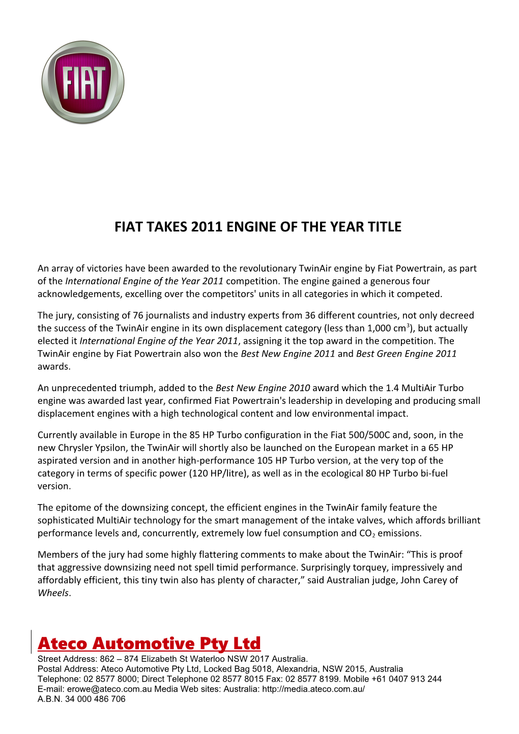 Fiat Takes 2011 Engine of the Year Title