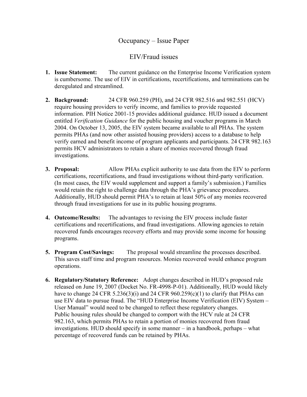 Occupancy Issue Paper