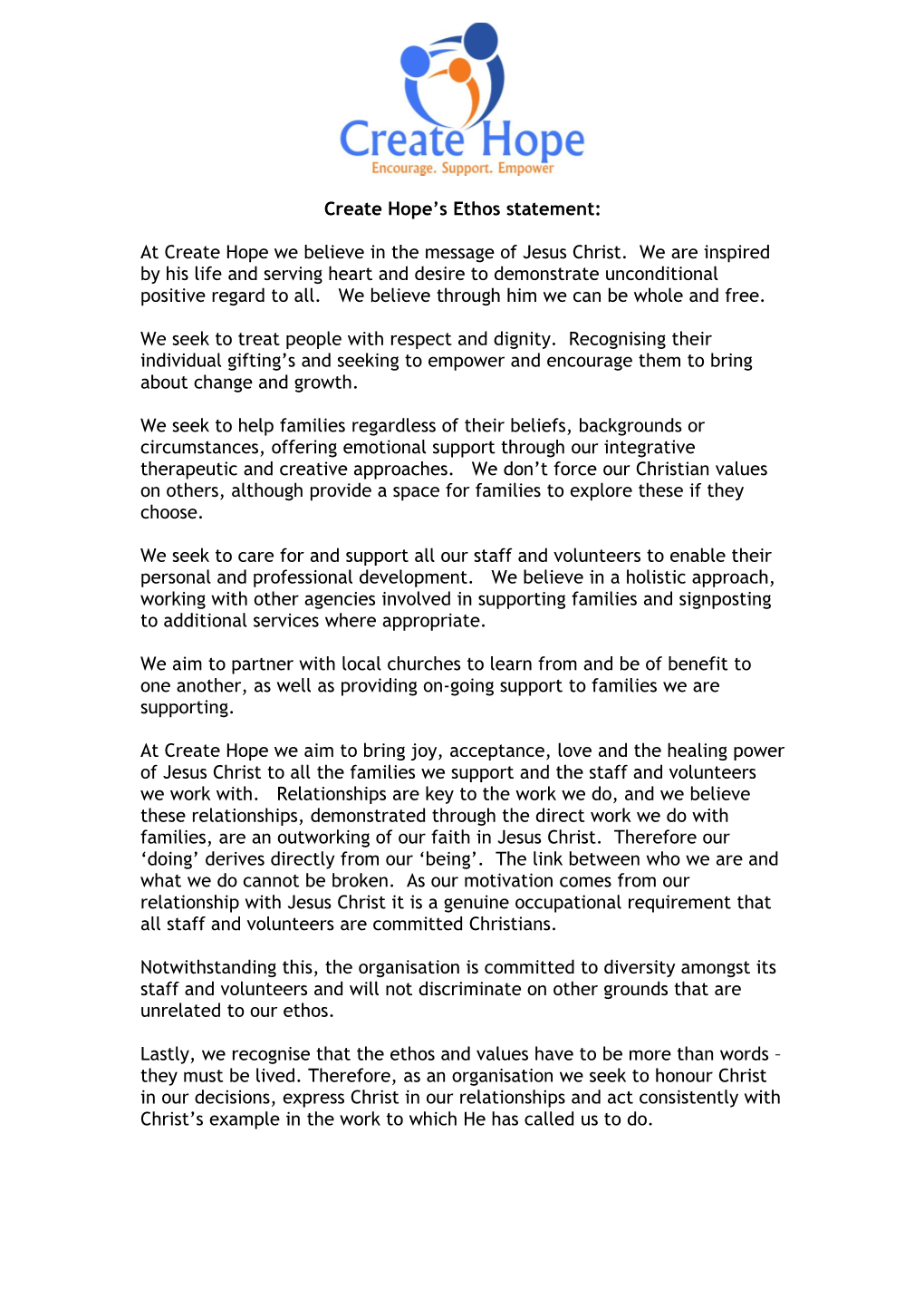 Create Hope S Ethos Statement