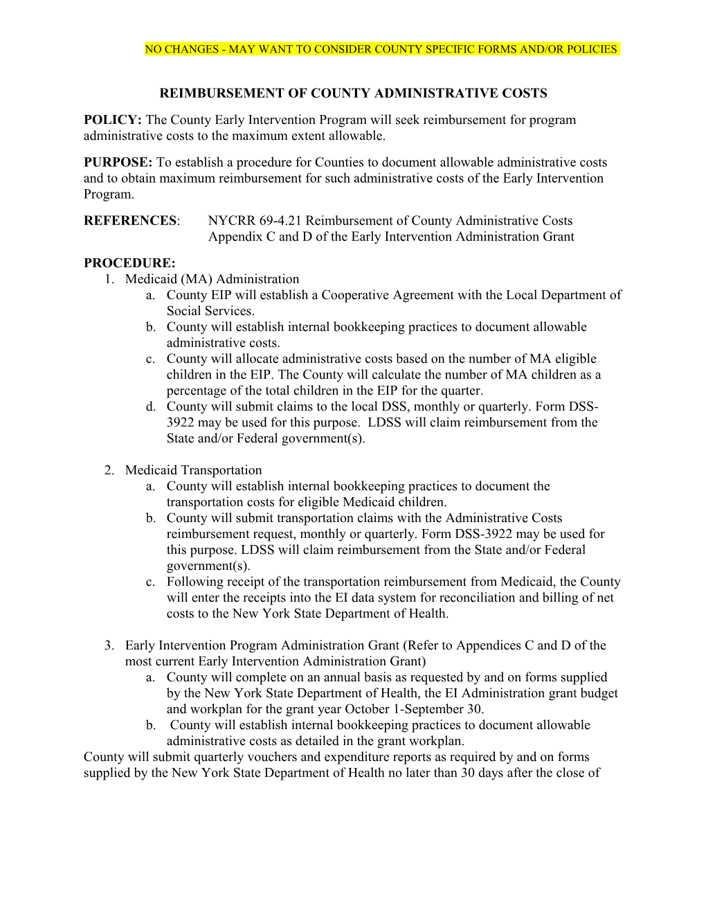 Reimbursement of County Administrative Costs