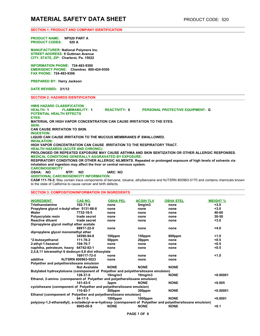Material Safety Data Sheet Page 1 of X s3
