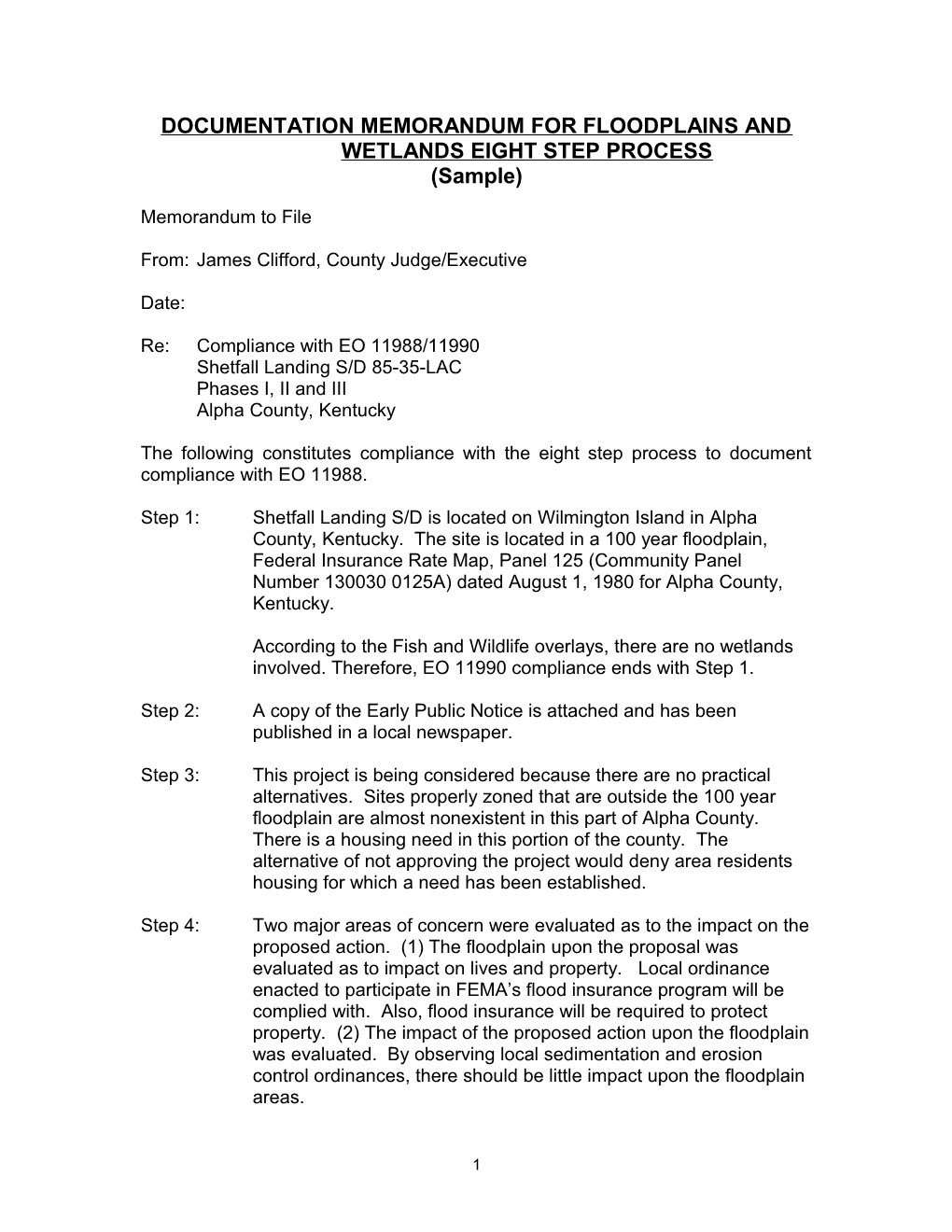 Documentation Memorandum for Floodplains and Wetlands Eight Step Process