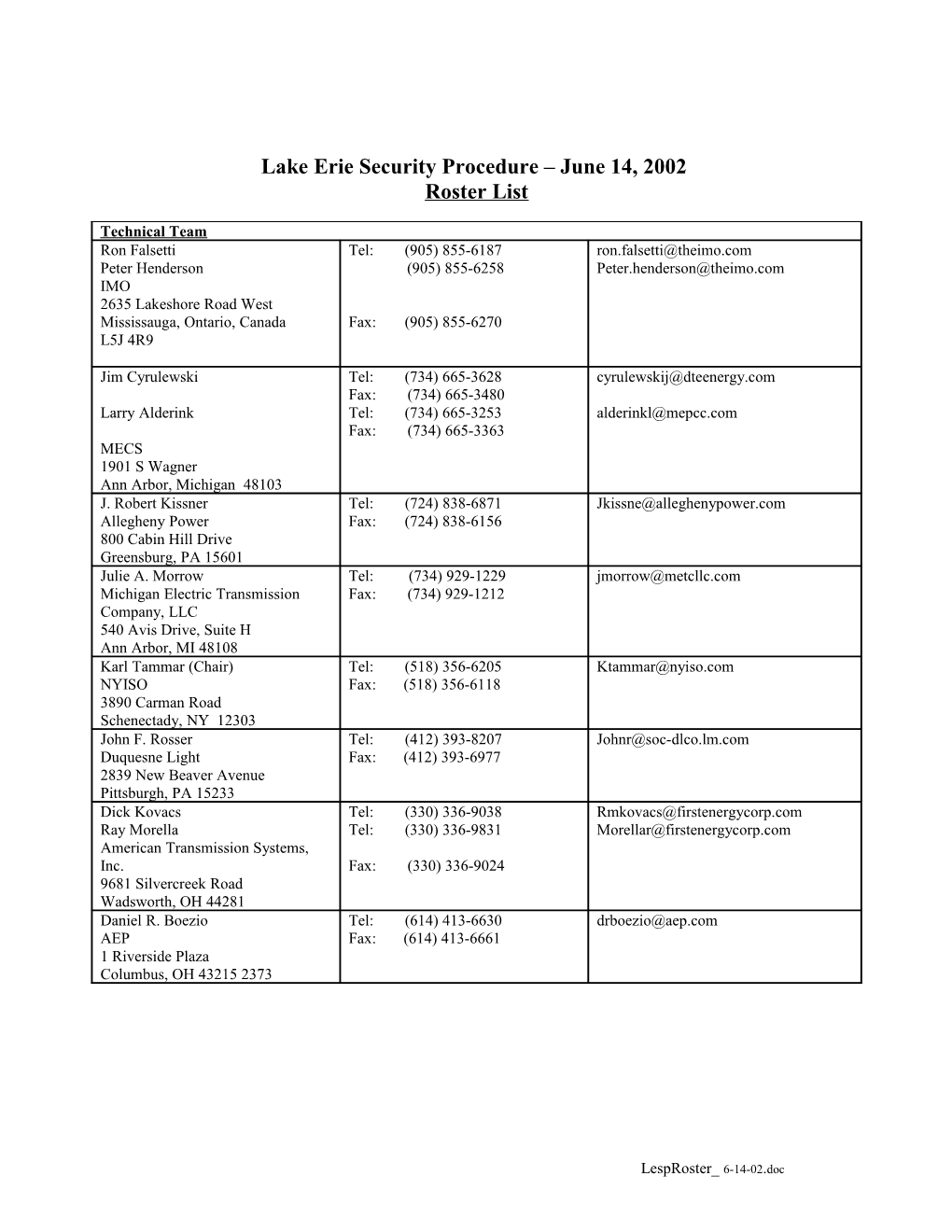 Lake Erie Security Procedure June 14, 2002