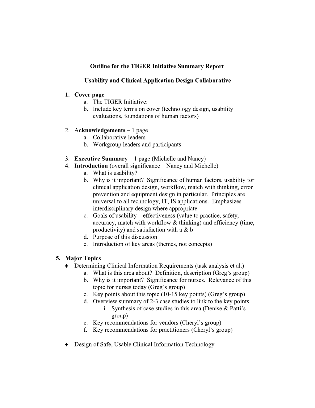 Outline for the TIGER Initiative Summary Report Usability Collaborative