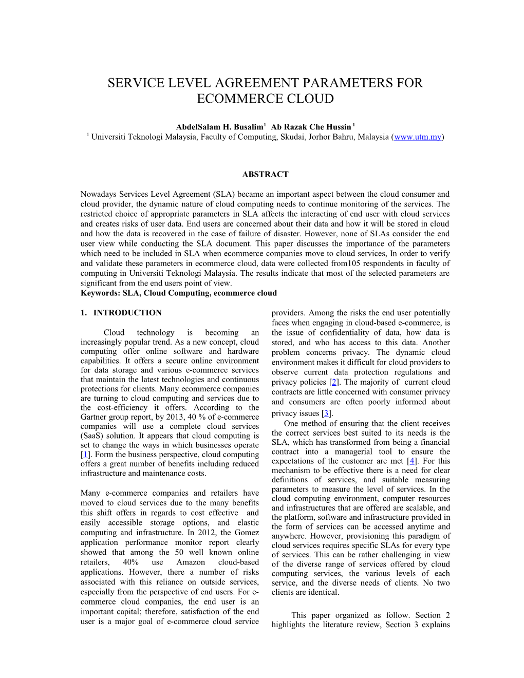 Service Level Agreement Parameters for Ecommerce Cloud