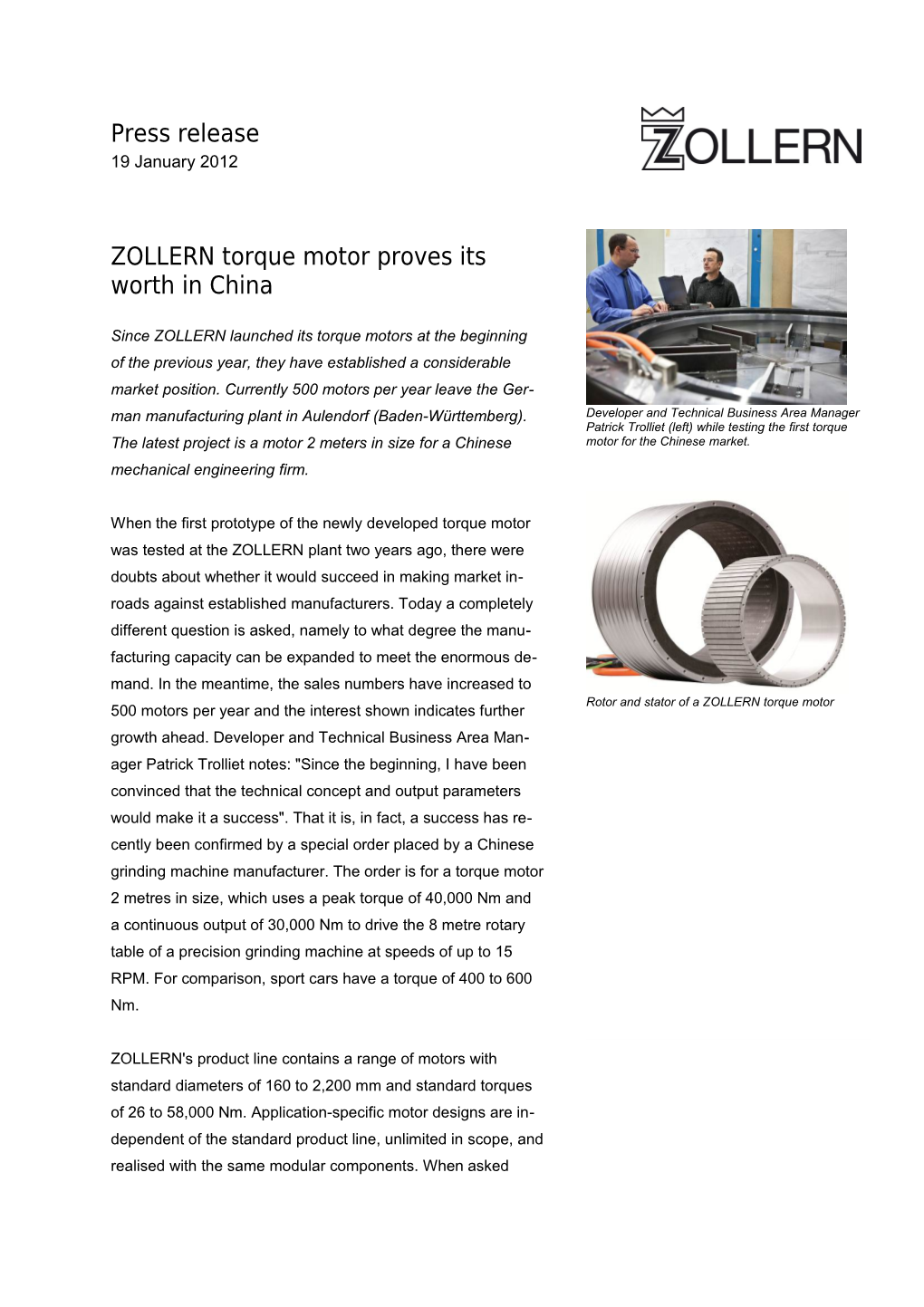 ZOLLERN Torque Motor Proves Its Worth in China