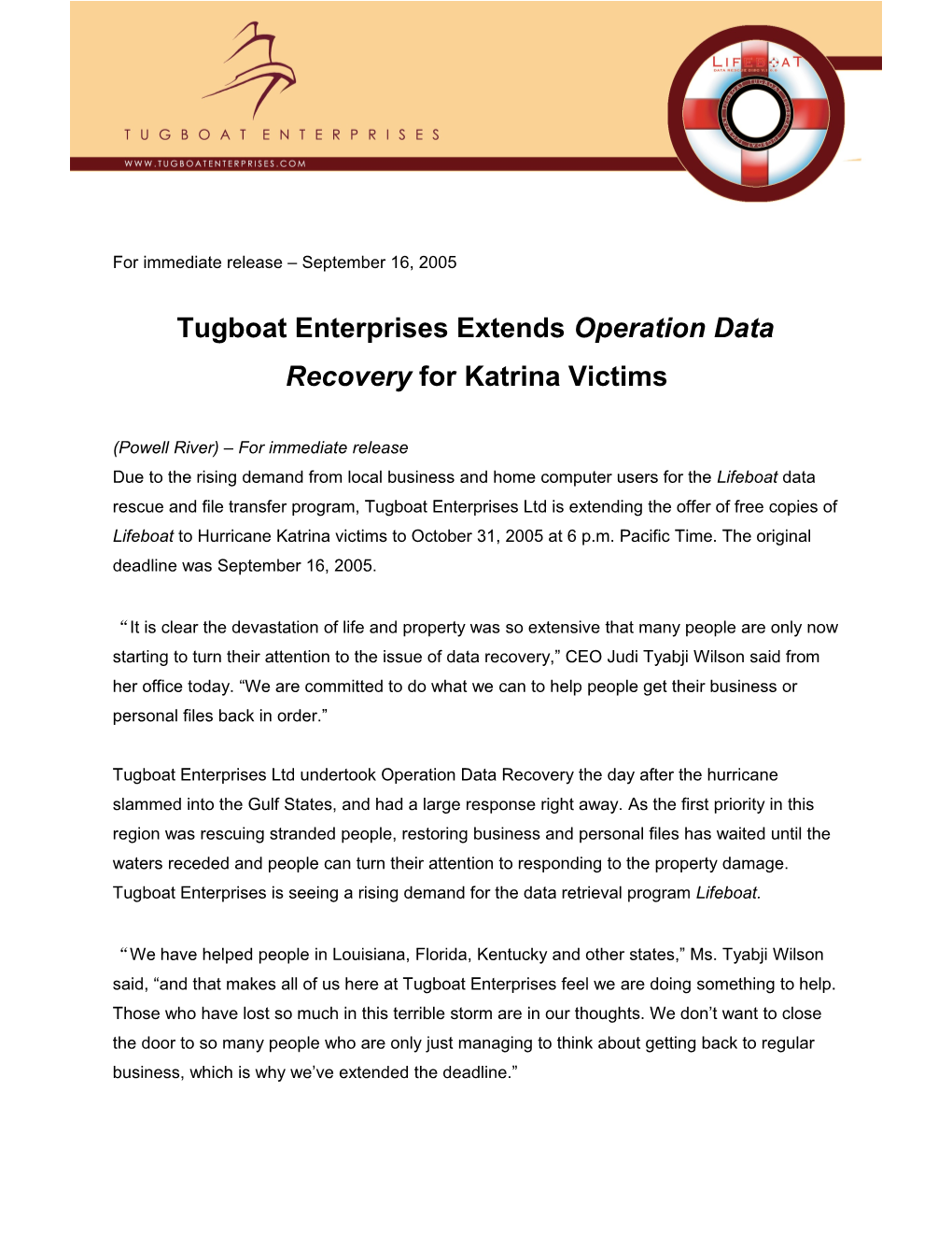 For Immediate Release August 16, 2005