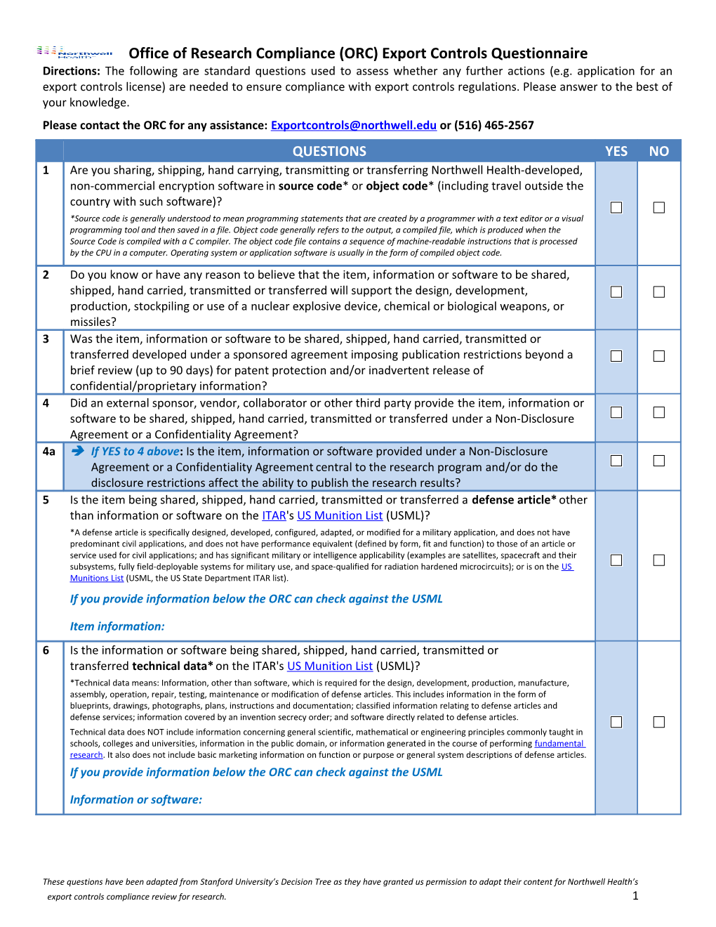 Office of Research Compliance (ORC) Export Controls Questionnaire