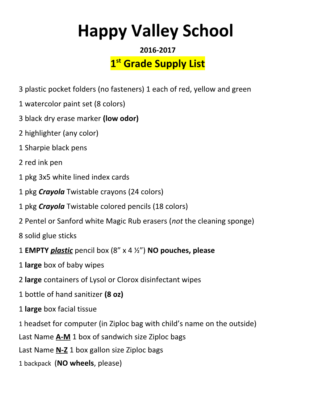 1St Grade Supply List