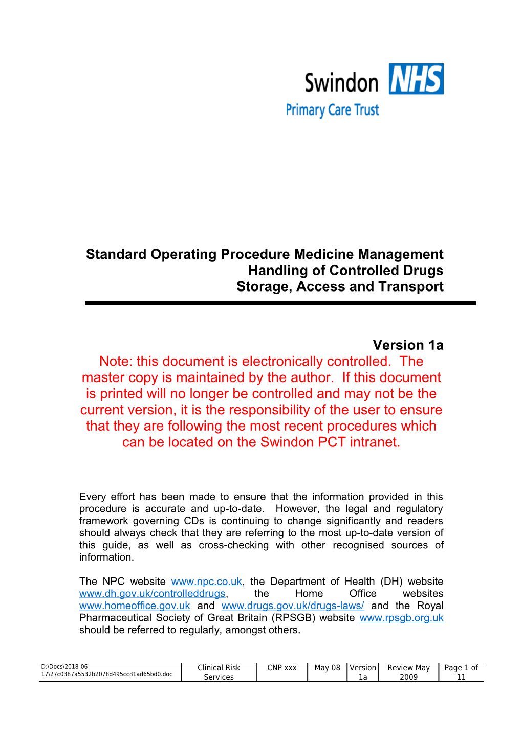 Standard Operating Procedure - Medicine Management CD Storage and Transport V1a