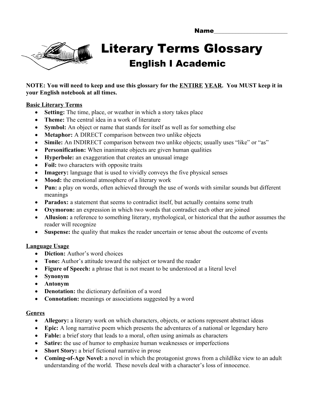 NOTE: You Will Need to Keep and Use This Glossary for the ENTIRE YEAR. You MUST Keep It