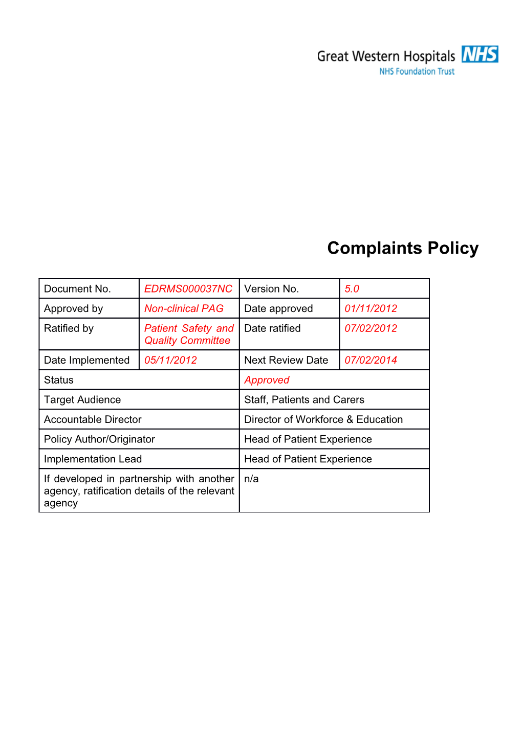 Document Title: Complaints Policy