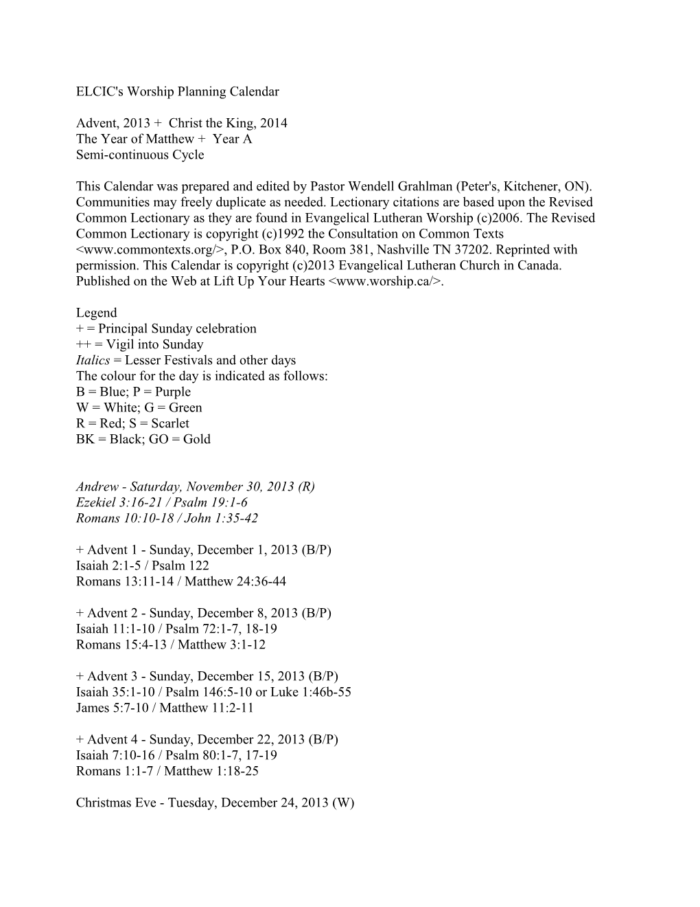 ELCIC's Worship Planning Calendar