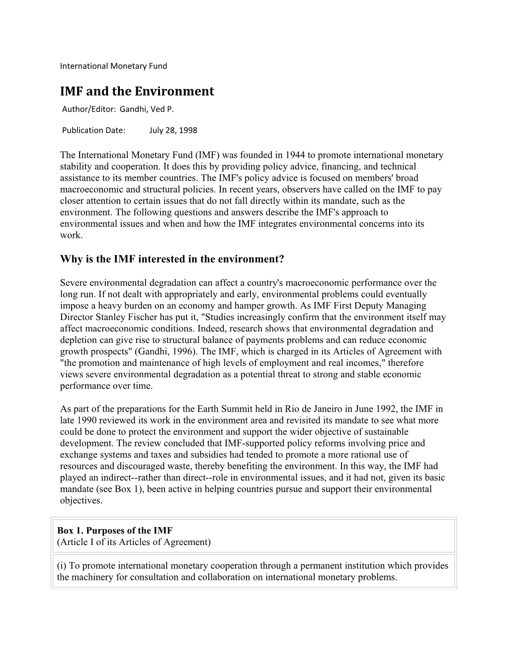 IMF and the Environment