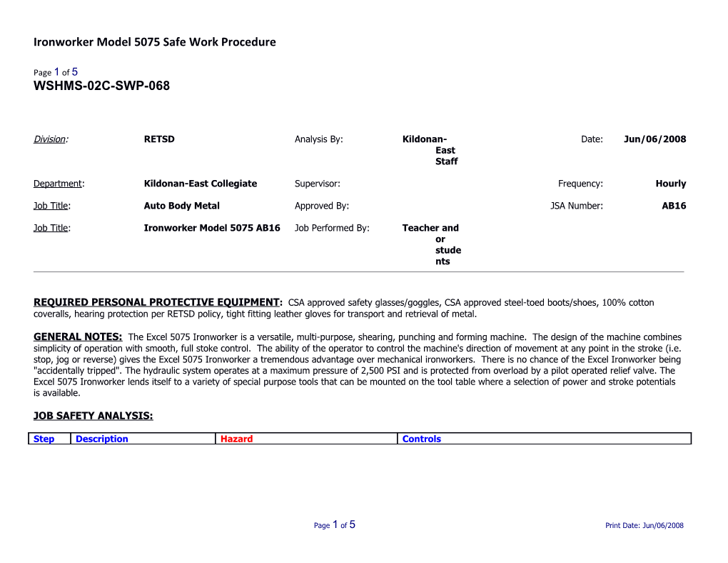 SWP-068 Metal Ironworker - Model 5075 Iron Worker Safe Work Procedure