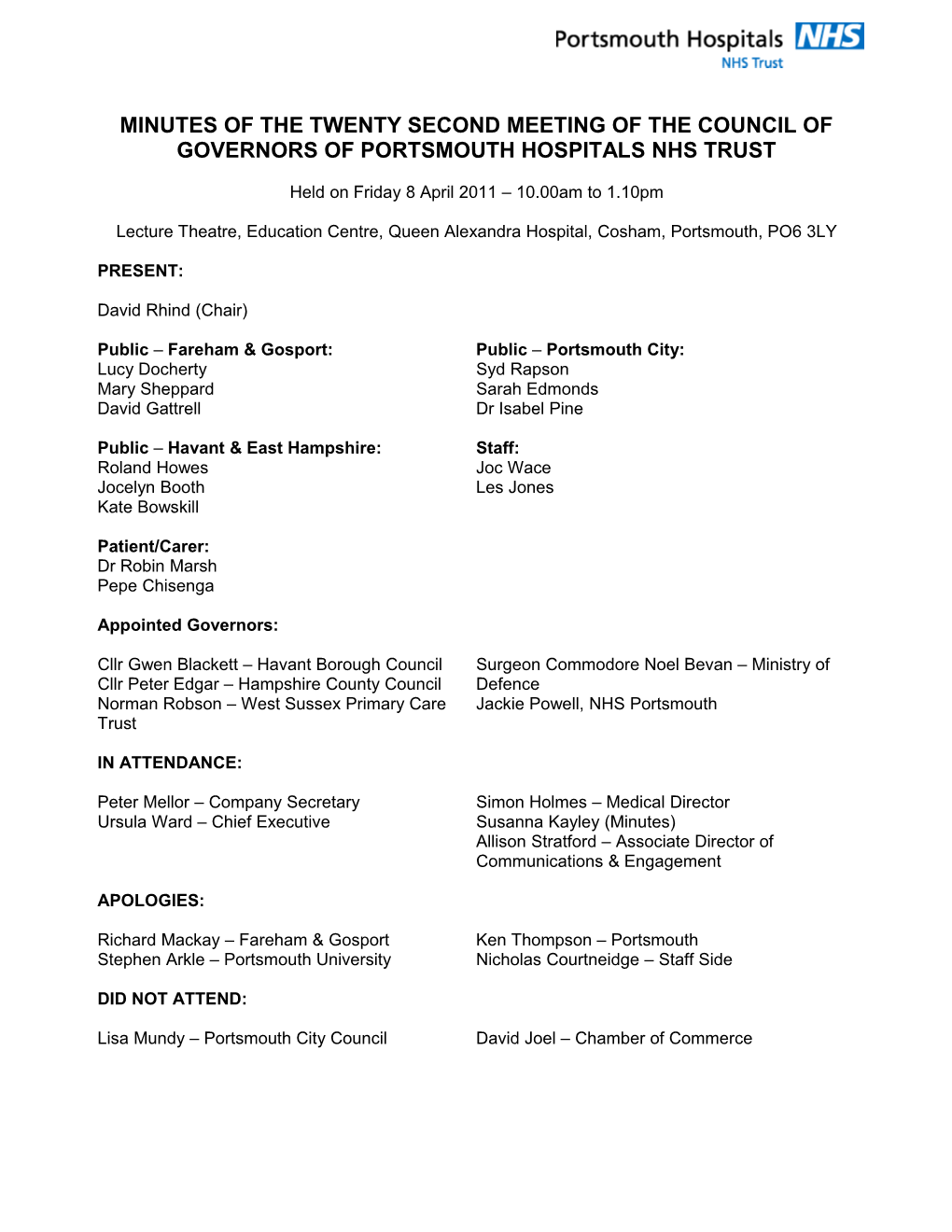 Minutes of the Twenty Second Meeting of the Council of Governors of Portsmouth Hospitals