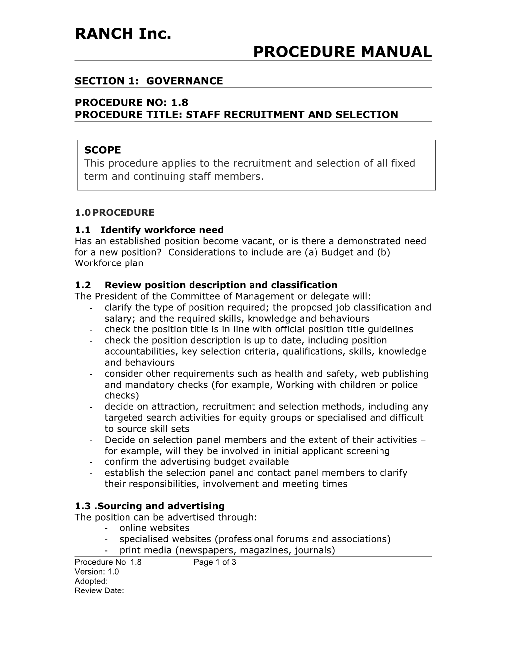 Procedure Title: Staff Recruitment and Selection