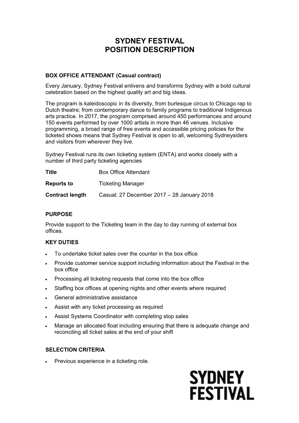 BOX OFFICE ATTENDANT (Casual Contract)