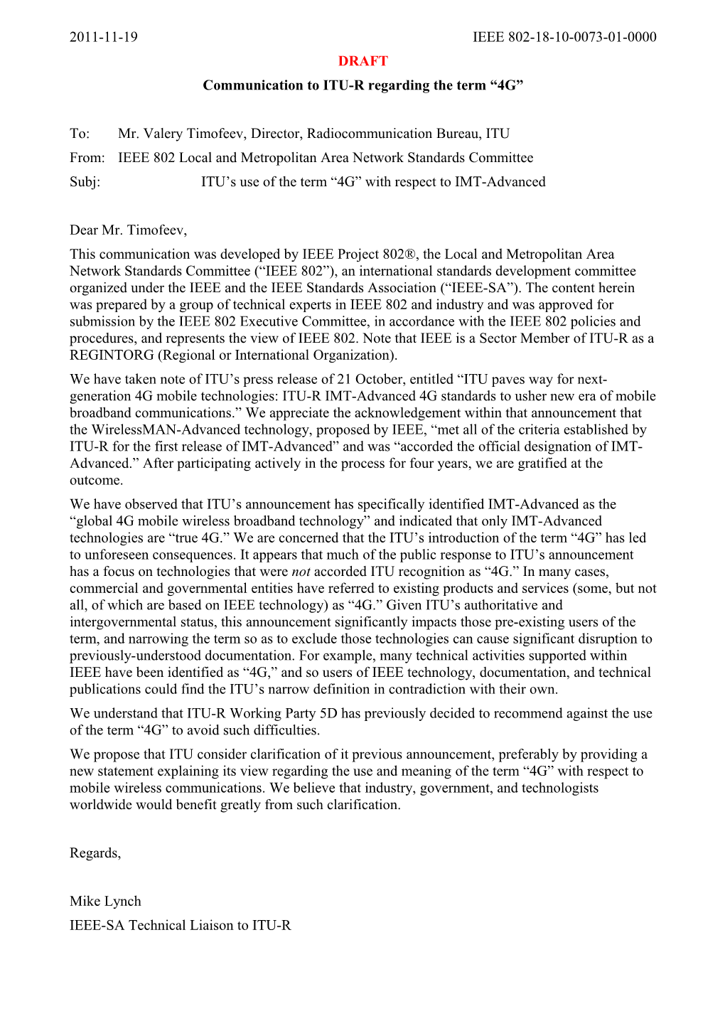 Communication to ITU-R Regarding the Term 4G