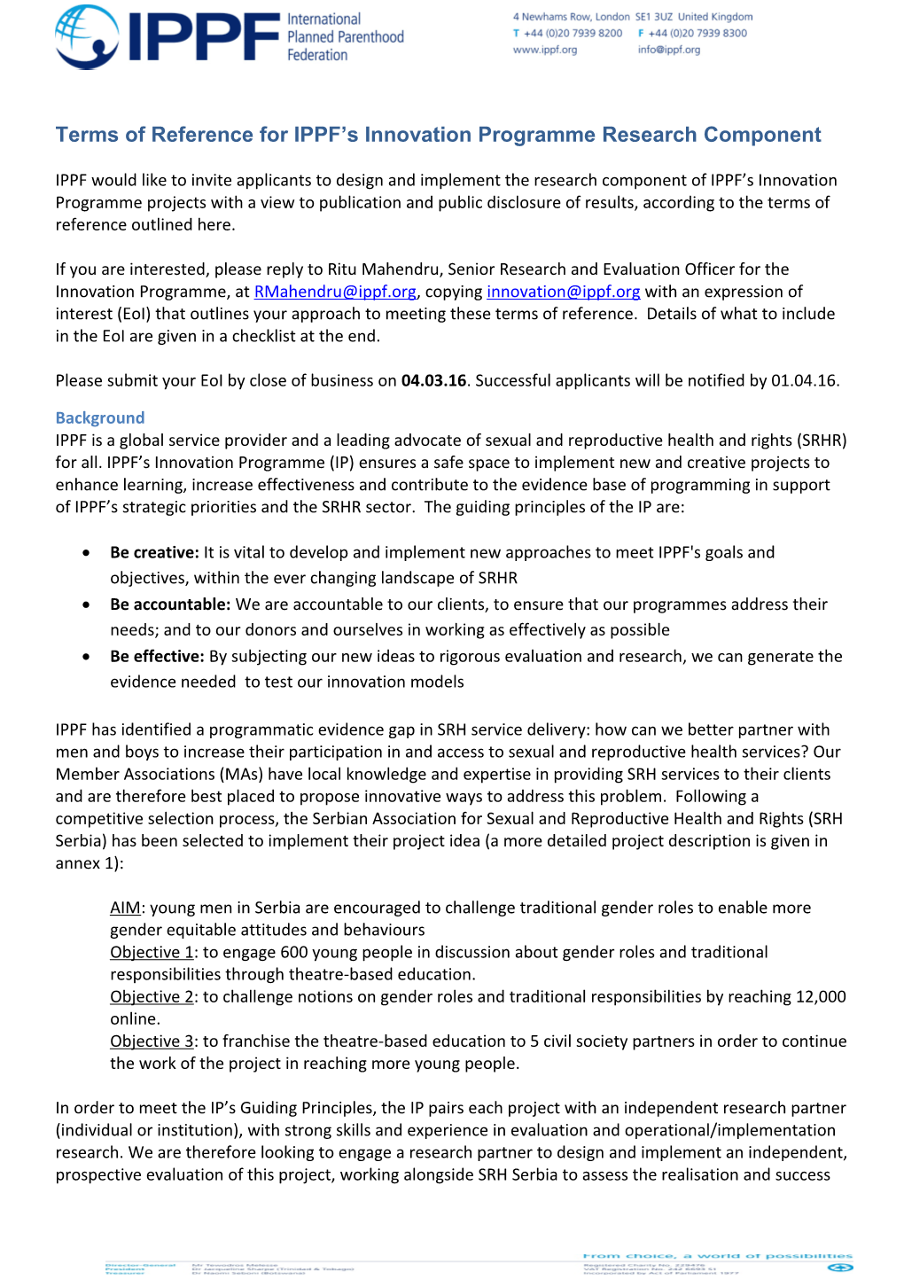 Terms of Reference for IPPF S Innovation Programme Research Component