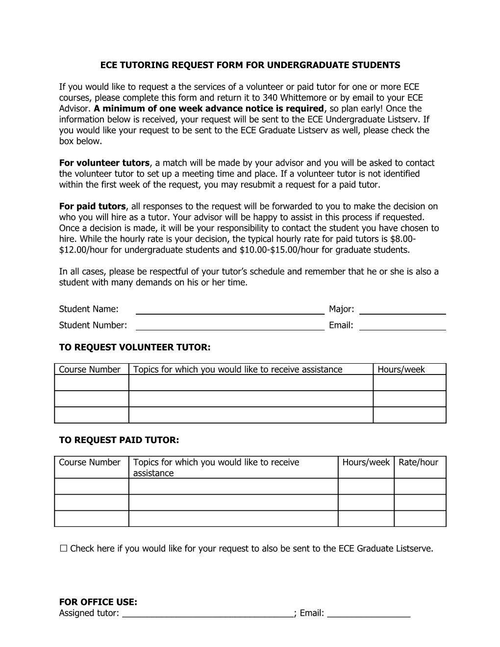 ECE Tutoring Request Form for Undergraduate Students